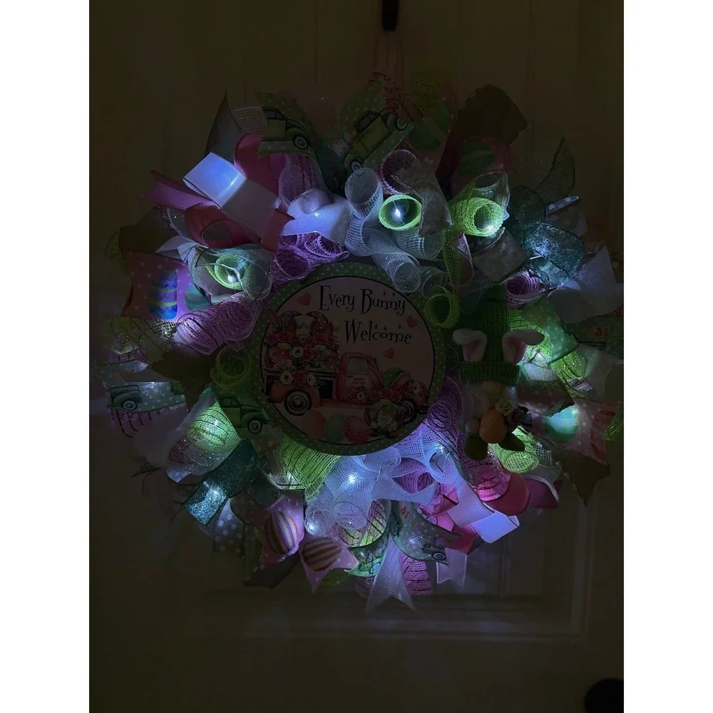 Handmade Easter Bunny Gnome Prelit Ribbon Wreath 22 in LED W12